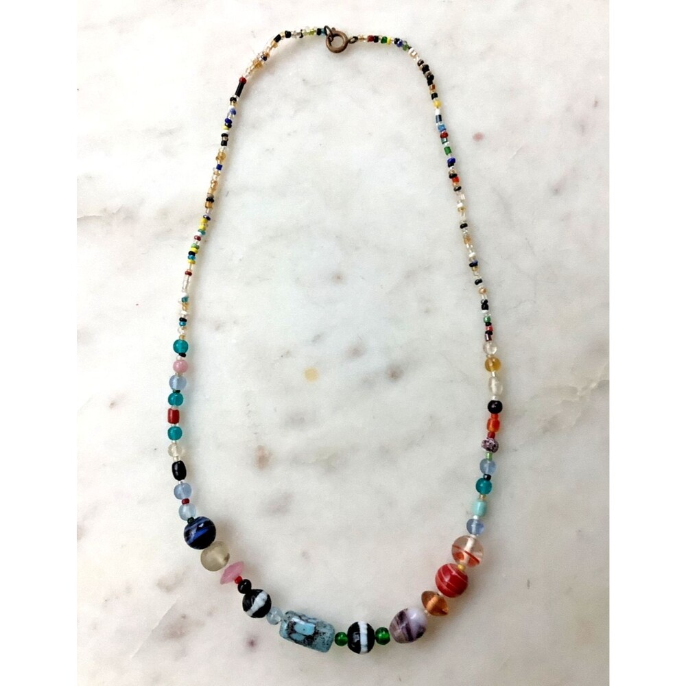 Vintage Beaded Necklace Hand Blown Art Glass Beads Multicolor 17" - Picture 2 of 8